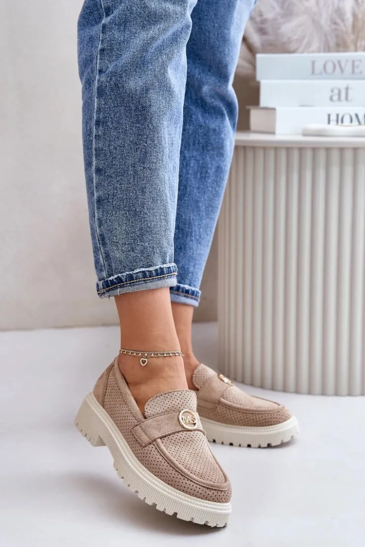 Damskie Boto Damskie Półbuty Mokasyny Ze Złotym Detalem Khaki Arilva