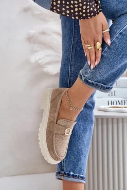 Damskie Boto Damskie Półbuty Mokasyny Ze Złotym Detalem Khaki Arilva