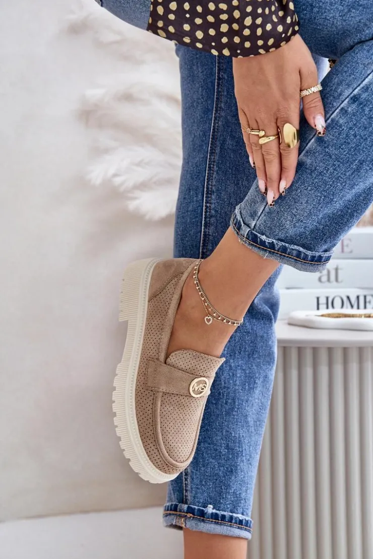 Damskie Boto Damskie Półbuty Mokasyny Ze Złotym Detalem Khaki Arilva