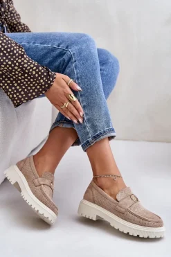 Damskie Boto Damskie Półbuty Mokasyny Ze Złotym Detalem Khaki Arilva