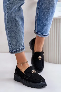 Boto Mokasyny Damskie Zamszowe*Damskie Półbuty Mokasyny Ze Złotym Detalem Czarne Arilva