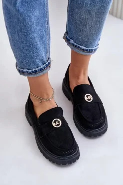 Boto Mokasyny Damskie Zamszowe*Damskie Półbuty Mokasyny Ze Złotym Detalem Czarne Arilva