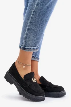 Boto Mokasyny Damskie Zamszowe*Damskie Półbuty Mokasyny Ze Złotym Detalem Czarne Arilva