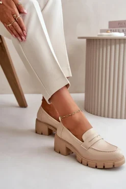 Discount Boto Damskie Półbuty Na Niskim Obcasie Z Eko Skóry Beżowe Menloa