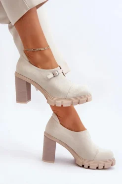 Damskie Boto Damskie Półbuty Na Obcasie Słupku Jasnobeżowe Tauina