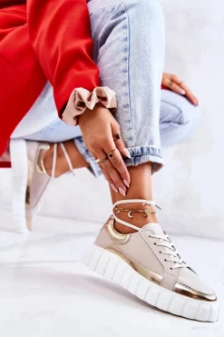 Hot Damskie buty S.Barski Damskie Półbuty Na Platformie Beżowo-Złote Noriso