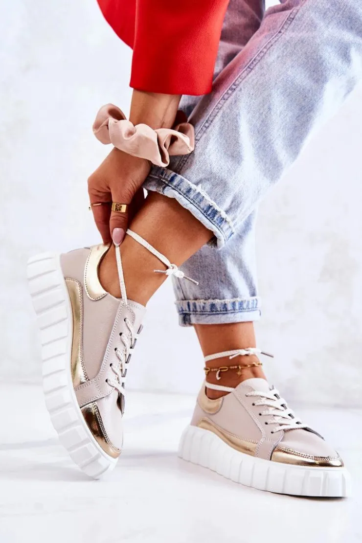 Hot Damskie buty S.Barski Damskie Półbuty Na Platformie Beżowo-Złote Noriso