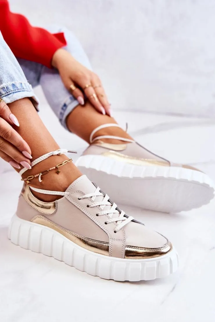 Hot Damskie buty S.Barski Damskie Półbuty Na Platformie Beżowo-Złote Noriso