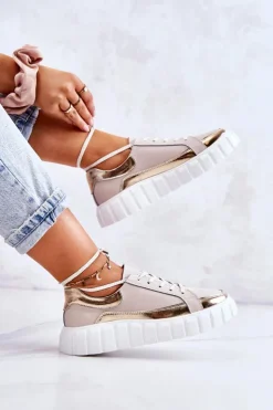 Hot Damskie buty S.Barski Damskie Półbuty Na Platformie Beżowo-Złote Noriso