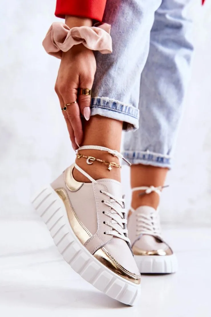 Hot Damskie buty S.Barski Damskie Półbuty Na Platformie Beżowo-Złote Noriso