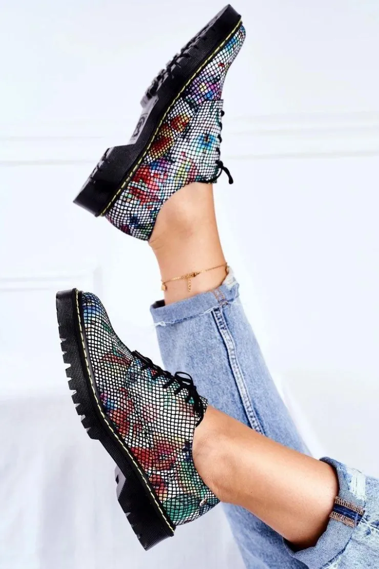 Maciejka Półbuty Skórzane*Damskie Półbuty Oxfordy Kwiaty Skórzane 04087-43