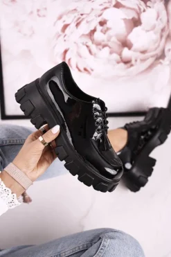 Best Damskie buty S.Barski Damskie Półbuty Oxfordy Na Masywnej Platformie S.Barski HX23 Lakierowane Czarne