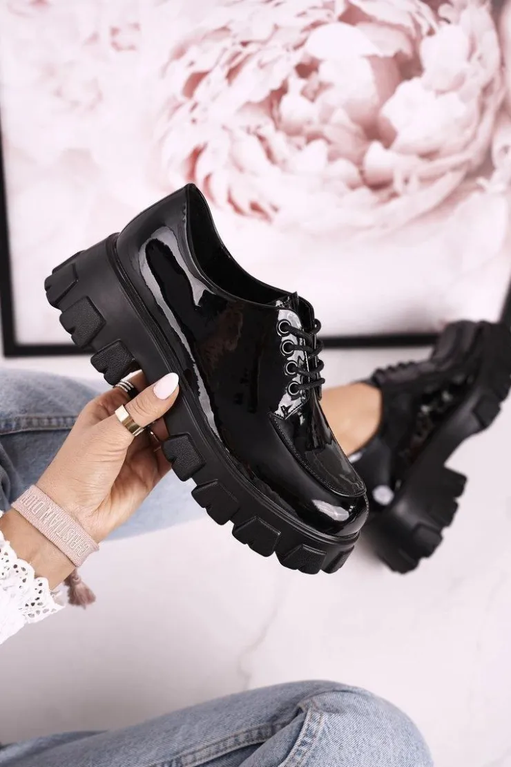 Best Damskie buty S.Barski Damskie Półbuty Oxfordy Na Masywnej Platformie S.Barski HX23 Lakierowane Czarne