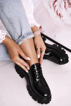 Best Damskie buty S.Barski Damskie Półbuty Oxfordy Na Masywnej Platformie S.Barski HX23 Lakierowane Czarne