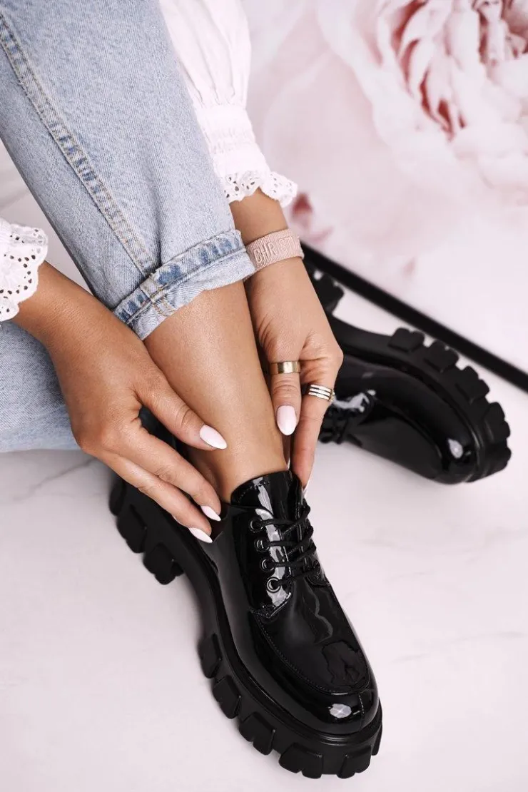 Best Damskie buty S.Barski Damskie Półbuty Oxfordy Na Masywnej Platformie S.Barski HX23 Lakierowane Czarne