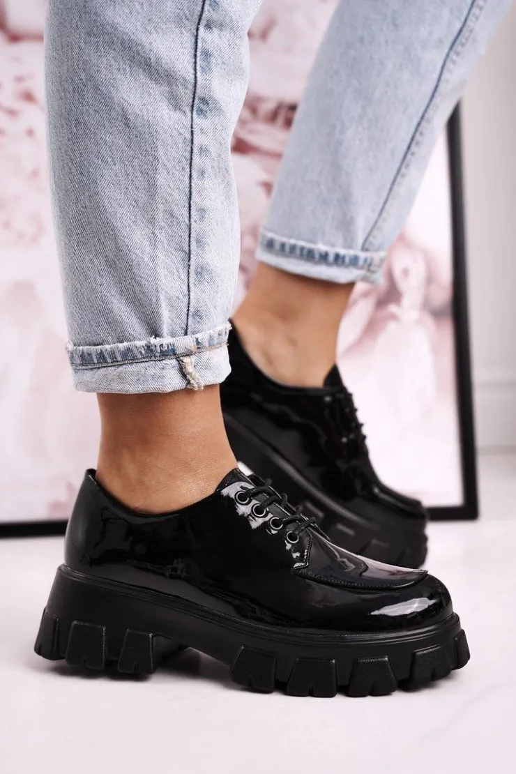 Best Damskie buty S.Barski Damskie Półbuty Oxfordy Na Masywnej Platformie S.Barski HX23 Lakierowane Czarne