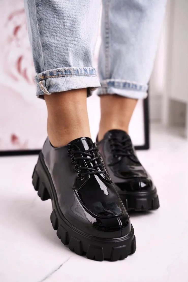 Best Damskie buty S.Barski Damskie Półbuty Oxfordy Na Masywnej Platformie S.Barski HX23 Lakierowane Czarne