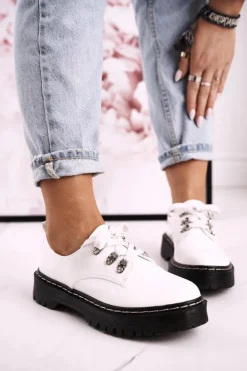 Clearance Damskie buty S.Barski Damskie Półbuty Oxfordy Na Platformie S.Barski HX15 Lakierowane Białe