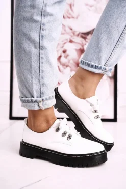 Clearance Damskie buty S.Barski Damskie Półbuty Oxfordy Na Platformie S.Barski HX15 Lakierowane Białe