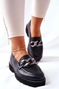 Damskie Boto Damskie Półbuty Skórzane Loafery Czarne Sthonto