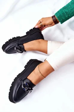 Damskie Boto Damskie Półbuty Skórzane Loafery Czarne Sthonto