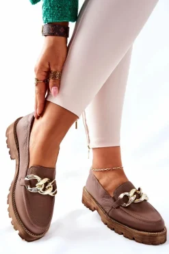 Boto Półbuty Skórzane*Damskie Półbuty Skórzane Loafery Brązowe Sthonto