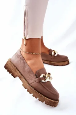 Boto Półbuty Skórzane*Damskie Półbuty Skórzane Loafery Brązowe Sthonto