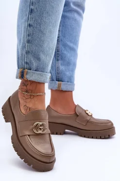 Laura Messi Półbuty Skórzane*Damskie Półbuty Skórzane Z Ozdobą Ciemnobeżowe Rosefalls Beżowy