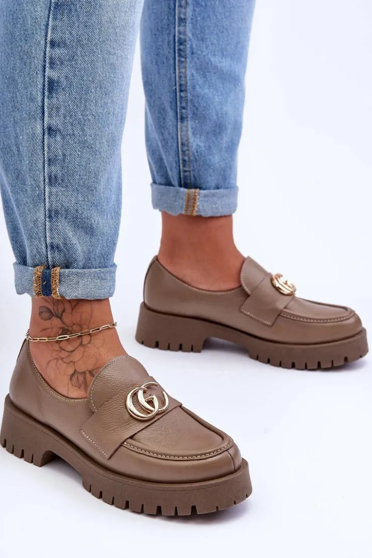 Laura Messi Półbuty Skórzane*Damskie Półbuty Skórzane Z Ozdobą Ciemnobeżowe Rosefalls Beżowy