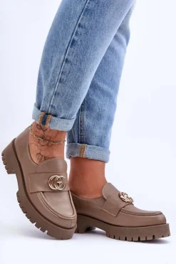 Laura Messi Półbuty Skórzane*Damskie Półbuty Skórzane Z Ozdobą Ciemnobeżowe Rosefalls Beżowy