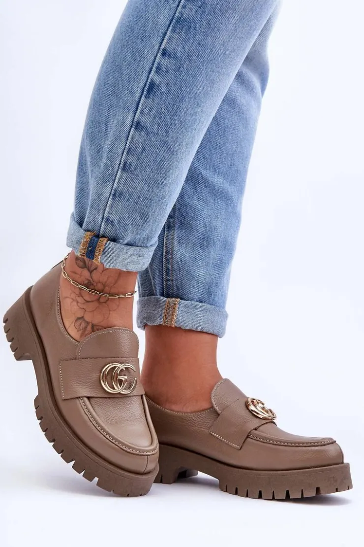 Laura Messi Półbuty Skórzane*Damskie Półbuty Skórzane Z Ozdobą Ciemnobeżowe Rosefalls Beżowy