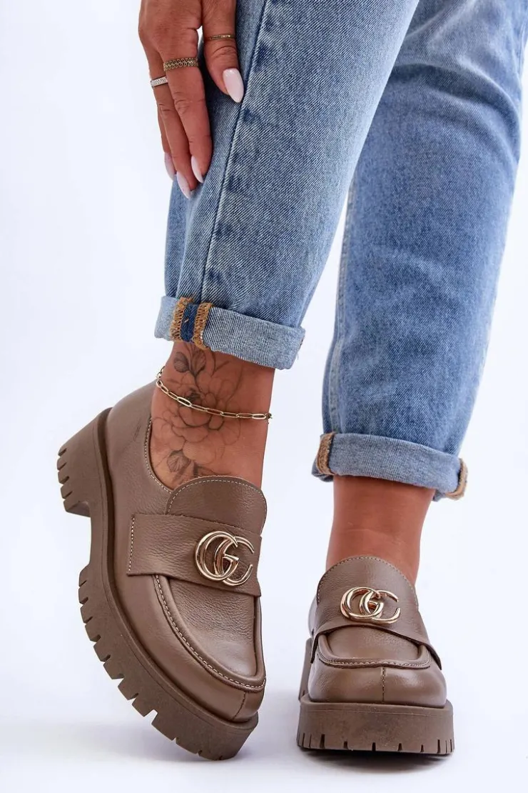 Laura Messi Półbuty Skórzane*Damskie Półbuty Skórzane Z Ozdobą Ciemnobeżowe Rosefalls Beżowy