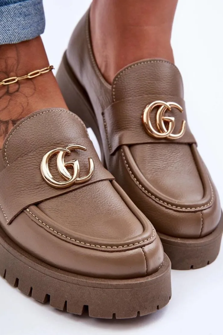 Laura Messi Półbuty Skórzane*Damskie Półbuty Skórzane Z Ozdobą Ciemnobeżowe Rosefalls Beżowy