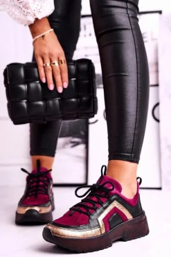 Damskie Maciejka Damskie Półbuty Sneakersy Skórzane Bordowe 04731-23