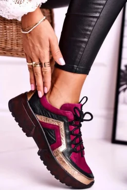 Damskie Maciejka Damskie Półbuty Sneakersy Skórzane Bordowe 04731-23