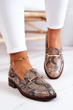 Laura Messi Półbuty Skórzane|Mokasyny Damskie Skórzane*Damskie Półbuty Wężowe 2307 Beżowo-Czarne