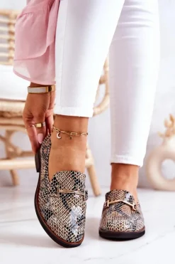 Laura Messi Półbuty Skórzane|Mokasyny Damskie Skórzane*Damskie Półbuty Wężowe 2307 Beżowo-Czarne