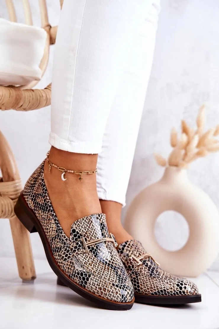 Laura Messi Półbuty Skórzane|Mokasyny Damskie Skórzane*Damskie Półbuty Wężowe 2307 Beżowo-Czarne