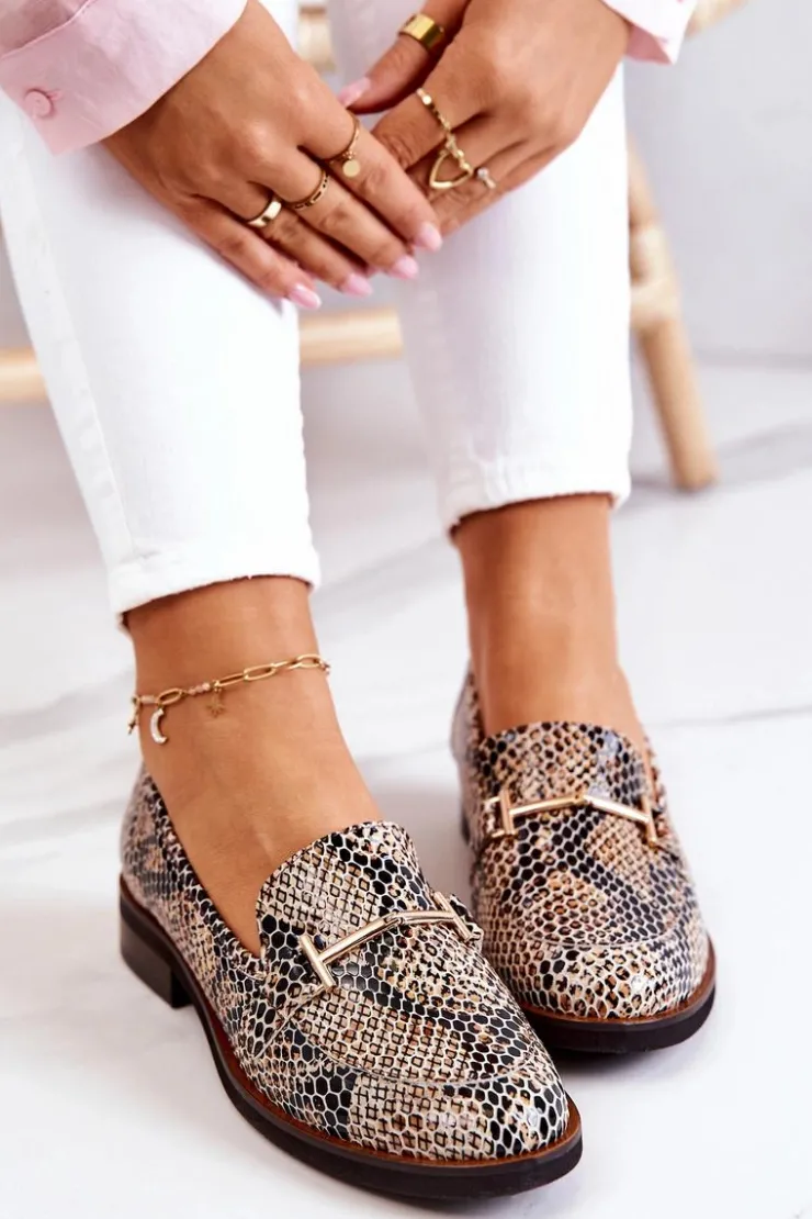 Laura Messi Półbuty Skórzane|Mokasyny Damskie Skórzane*Damskie Półbuty Wężowe 2307 Beżowo-Czarne