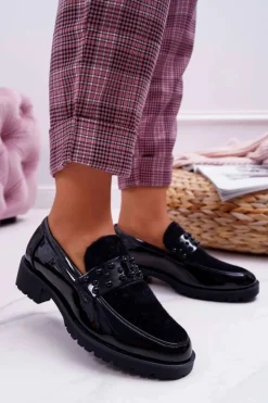 Boto Damskie Półbuty Wsuwane Lakierowane Czarne Delicious