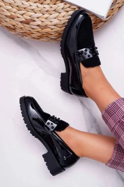 Boto Damskie Półbuty Wsuwane Lakierowane Czarne Delicious