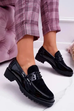 Boto Damskie Półbuty Wsuwane Lakierowane Czarne Delicious