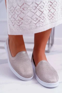 Online Damskie buty S.Barski Damskie Półbuty Wsuwane Skórzane Lordsy Złote Lordi