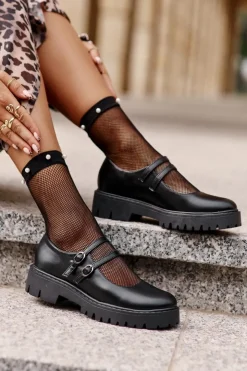 Boto Półbuty Skórzane*Damskie Półbuty Z Paskami Czarne Rialuna