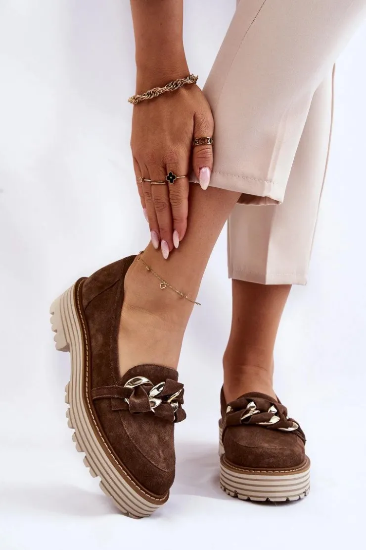 Laura Messi Półbuty Skórzane|Mokasyny Damskie Zamszowe*Damskie Półbuty Zamszowe 2523 Brązowe