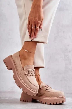 Boto Damskie Półbuty Zamszowe Z Ozdobą Beżowe Leeza