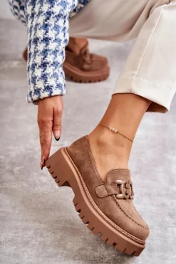 Discount Boto Damskie Półbuty Zamszowe Z Ozdobą Ciemnobeżowe Leeza