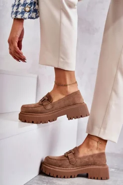 Discount Boto Damskie Półbuty Zamszowe Z Ozdobą Ciemnobeżowe Leeza