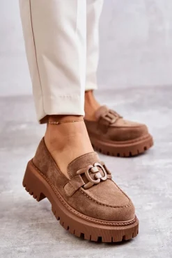 Discount Boto Damskie Półbuty Zamszowe Z Ozdobą Ciemnobeżowe Leeza