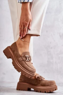 Discount Boto Damskie Półbuty Zamszowe Z Ozdobą Ciemnobeżowe Leeza